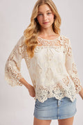 BOHO SHEER CROCHET 3/4 SLEEVED TOP - EASTER DAY: NATURAL / L