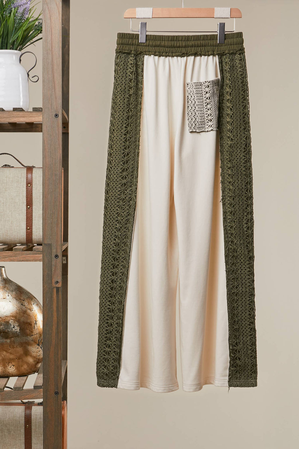 Lace Accents Patchwork Maxi Pants: Olive-Multi / M