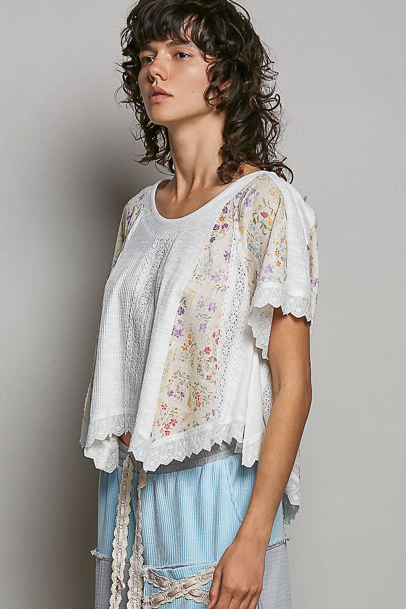 Round Neck Contrast Floral Eyelet Trim Rib Short Sleeve Top: PALE PINK