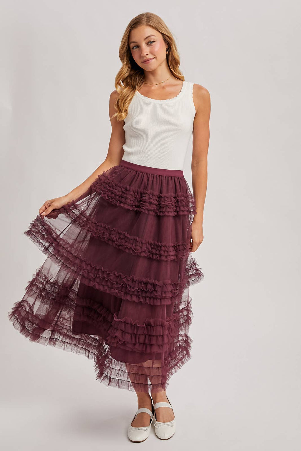 ROMANTIC RUFFLE TIERED TULLE MIDI SKIRT: PLUM / S