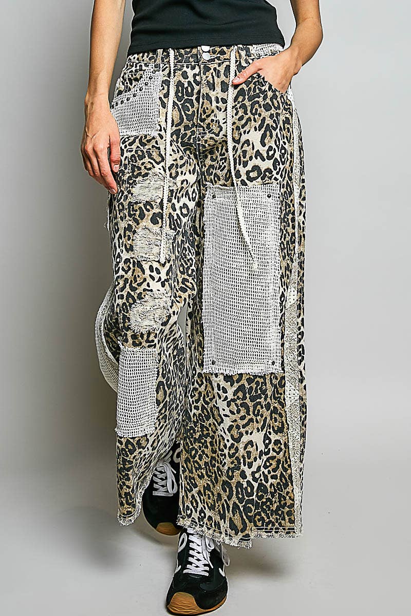 Stud Detail Woven Denim Pants: SAND LEOPARD / S
