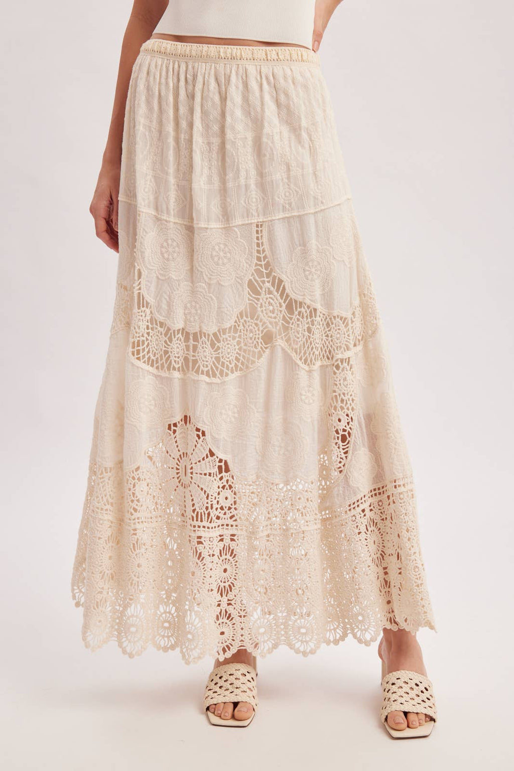 BOHO SHEER LACE MAXI SKIRT WITH LINING: NATURAL / M