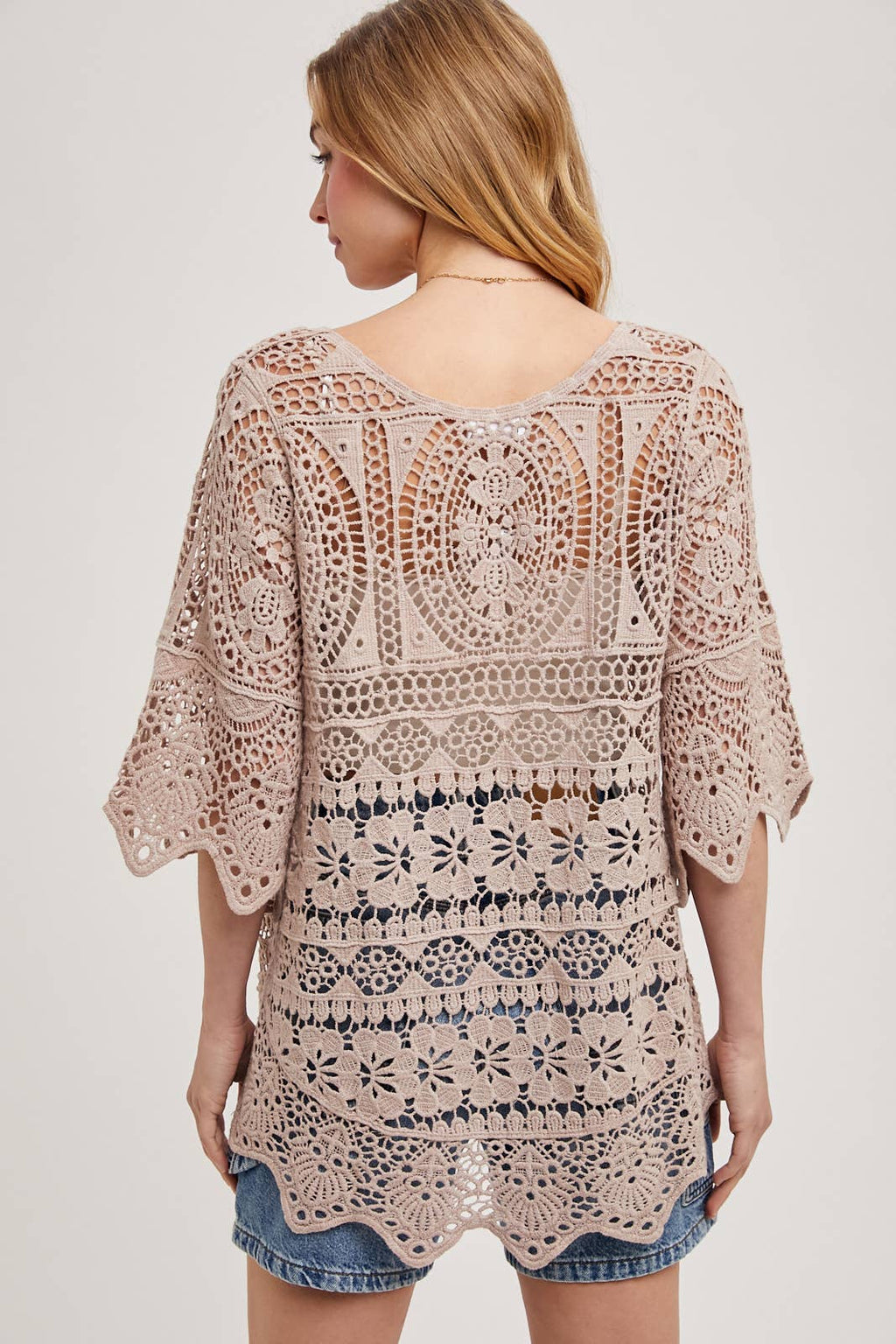 BEACH COVER-UP SHEER CROCHET TOP WITH NO LINING: NATURAL