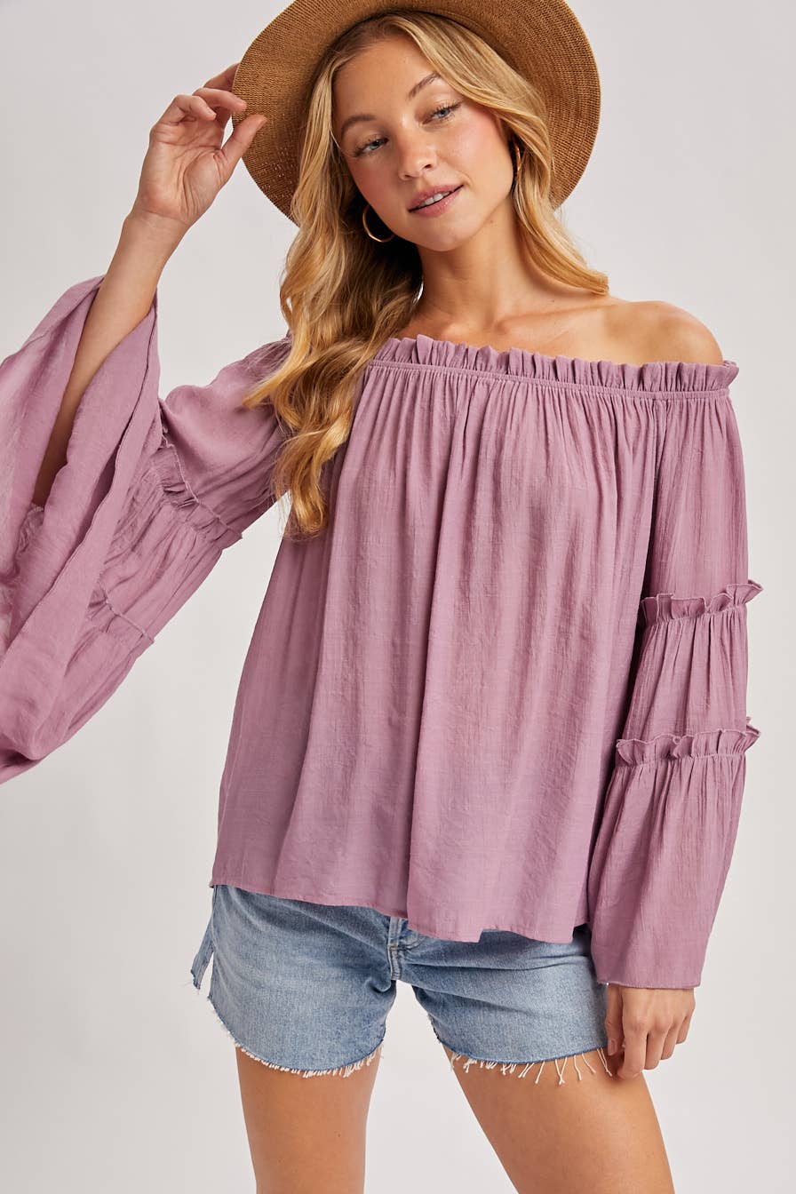 TEXTURED BELL SLEEVE OFF THE SHOULDER TOP: ROSE / M