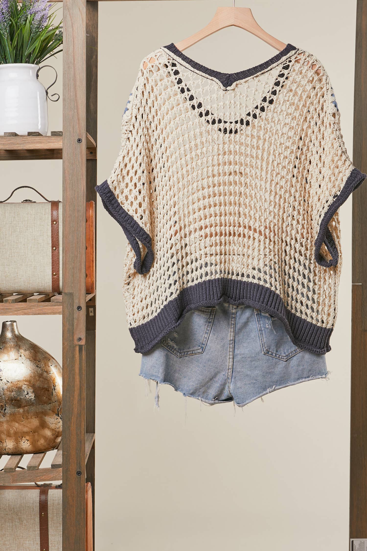 Boho Crochet Patchwork V Neck Short Sleeve Top: Navy