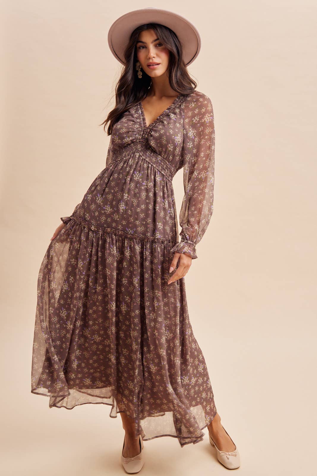 SMOCKED FLORAL MAXI DRESS