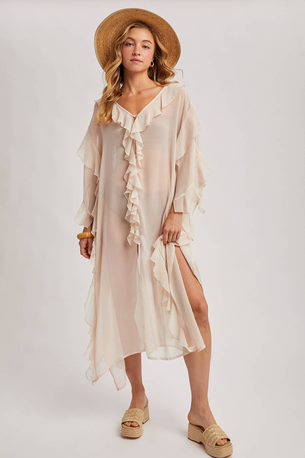 SHEER RUFFLED OPEN FRONT KIMONO COVER-UP DRESS - EASTER DAY: DUSTY PINK / One Size