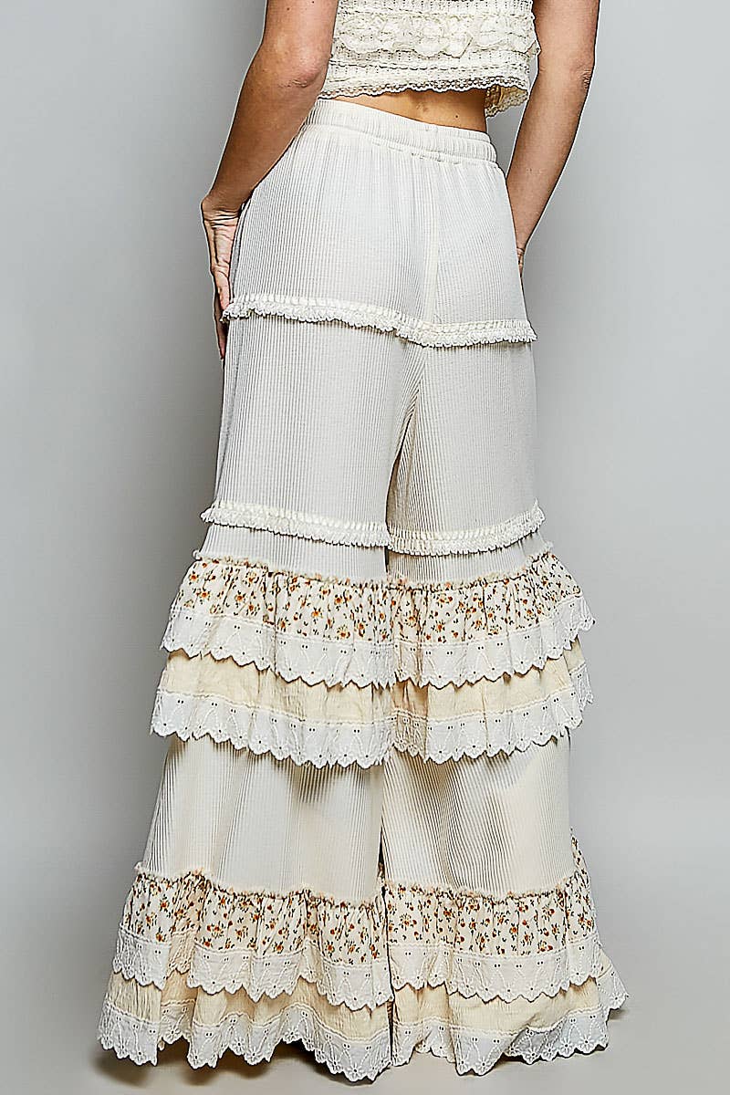 Floral Contrast Eyelet Ruffle Lace Trim Straight Knit Pants: BLUSH