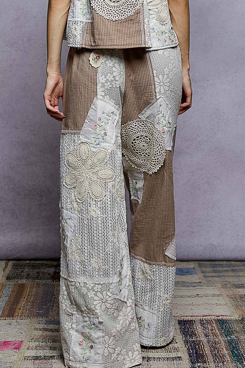 Solid Lace Patch Detail Woven Pants: SKY BLUE