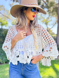 Boho Floral Crochet Bell Sleeve Top with Tassel Lace-Up: Ivory / One Size
