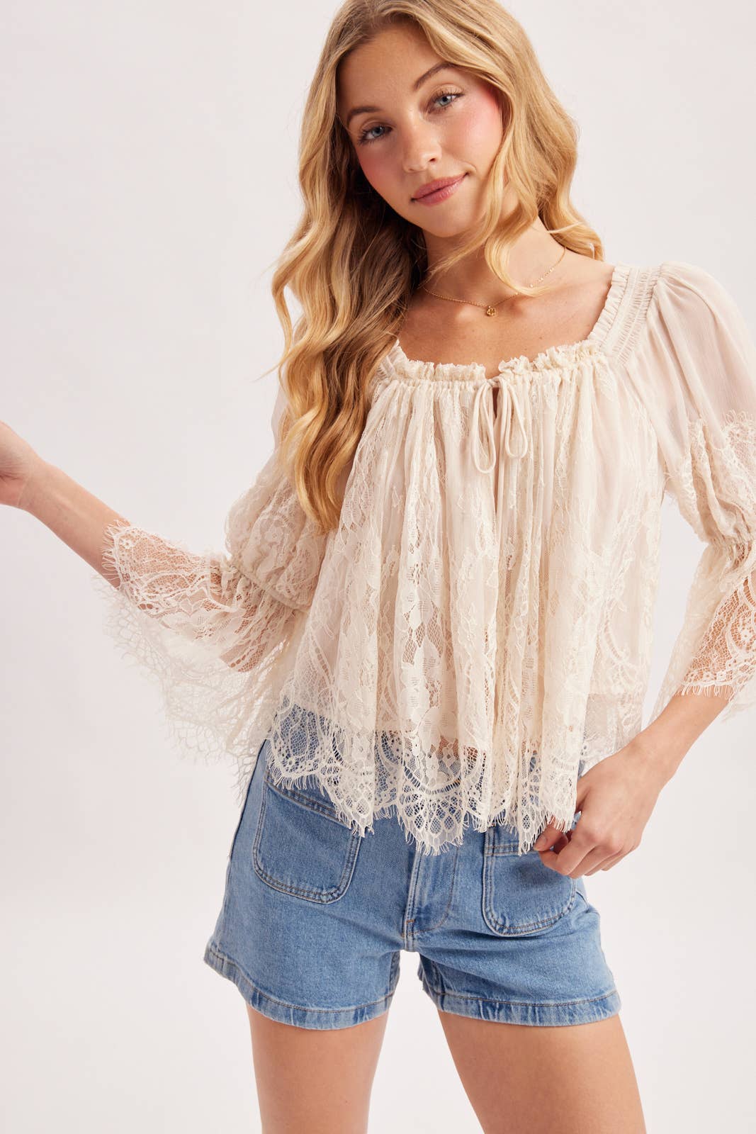 WIDE NECK RUFFLED EYELASH LACE BLOUSE - EASTER DAY: MAUVE / M