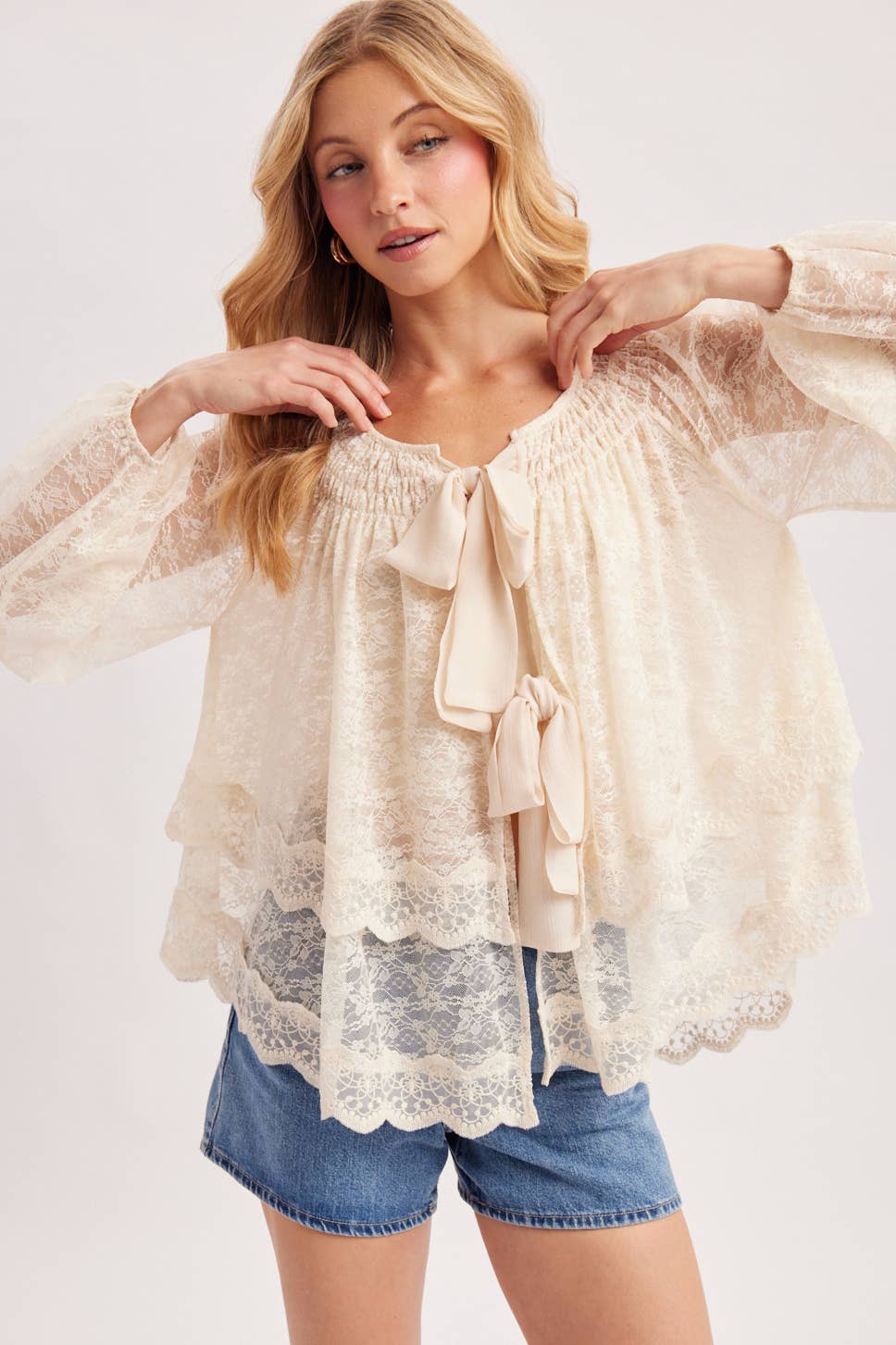 LAYERED LACE TIE-FRONT CLOSURES 2-WAY BLOUSE - EASTER DAY: ECRU / S/M