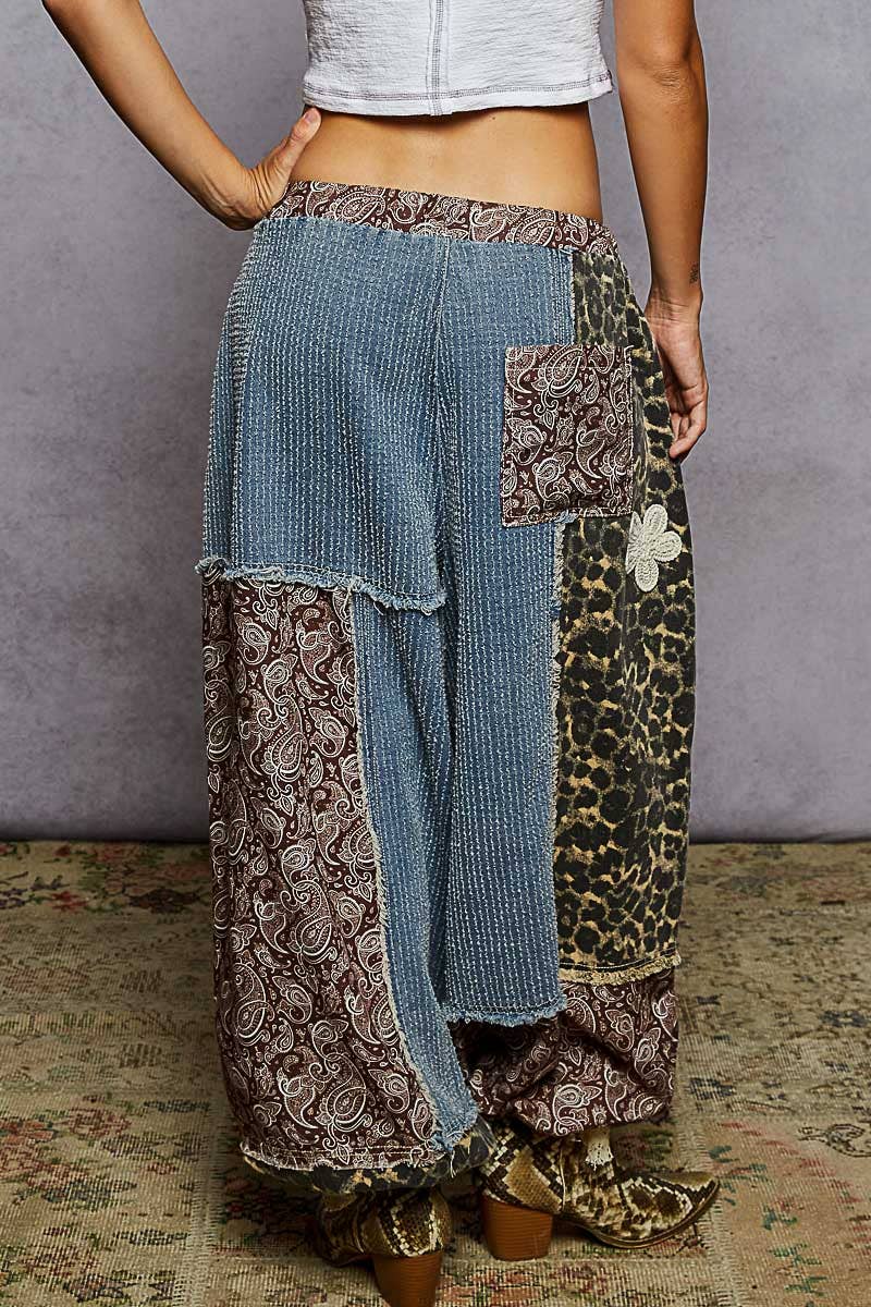 Crochet Patch Detail Contrast Patchwork Printed Woven Pants: CREAM MULTI / L