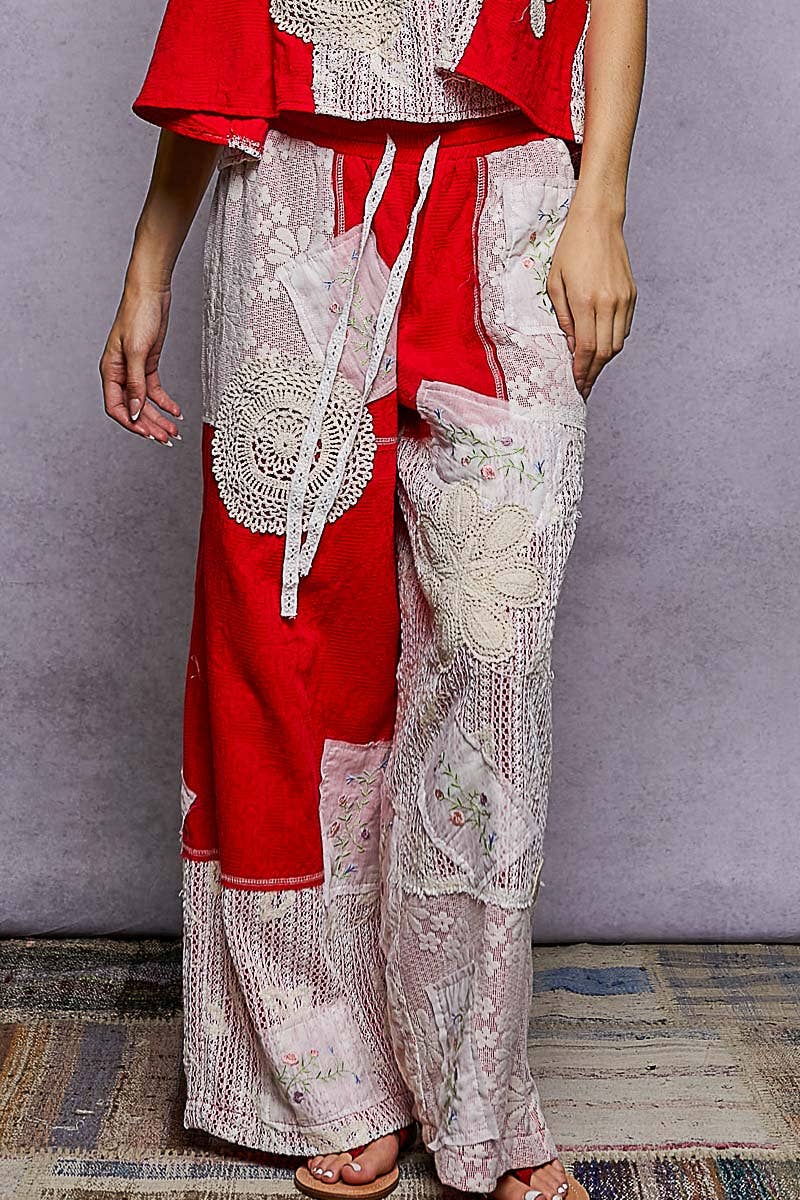 Solid Lace Patch Detail Woven Pants: SKY BLUE