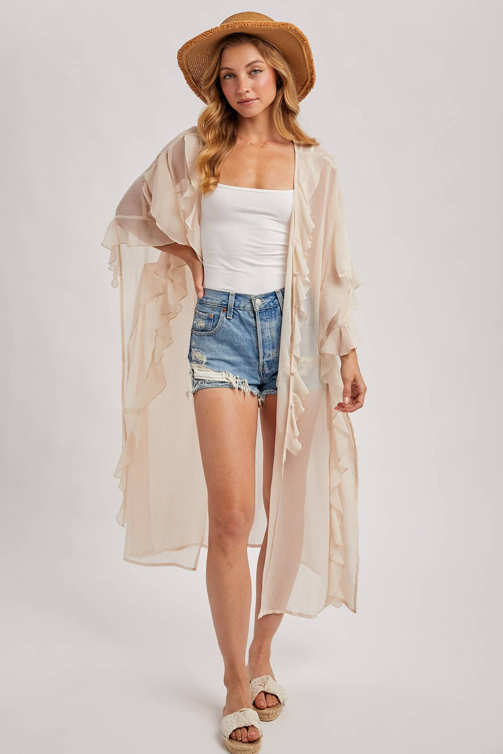 SHEER RUFFLED OPEN FRONT KIMONO COVER-UP DRESS - EASTER DAY: DUSTY PINK / One Size