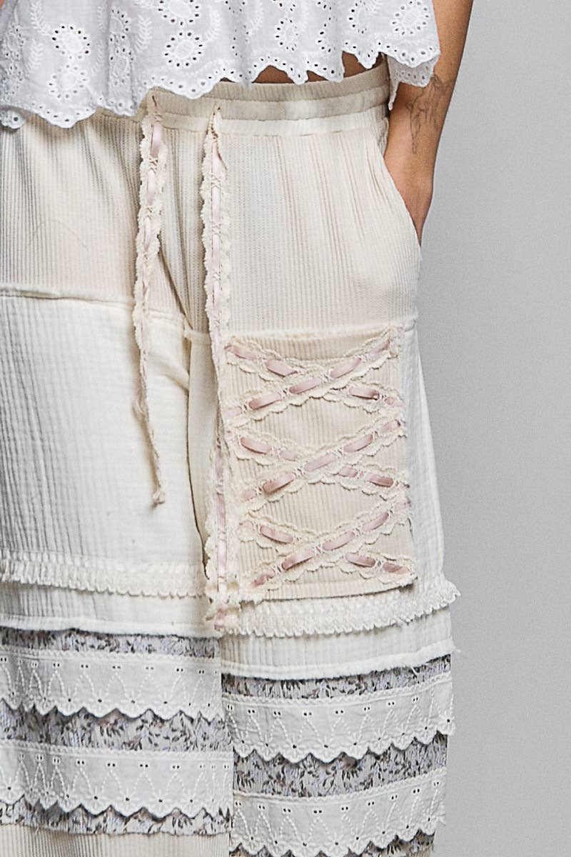 Double Gauze Trim Floral Patch Waistband Jogger Pants: Pink
