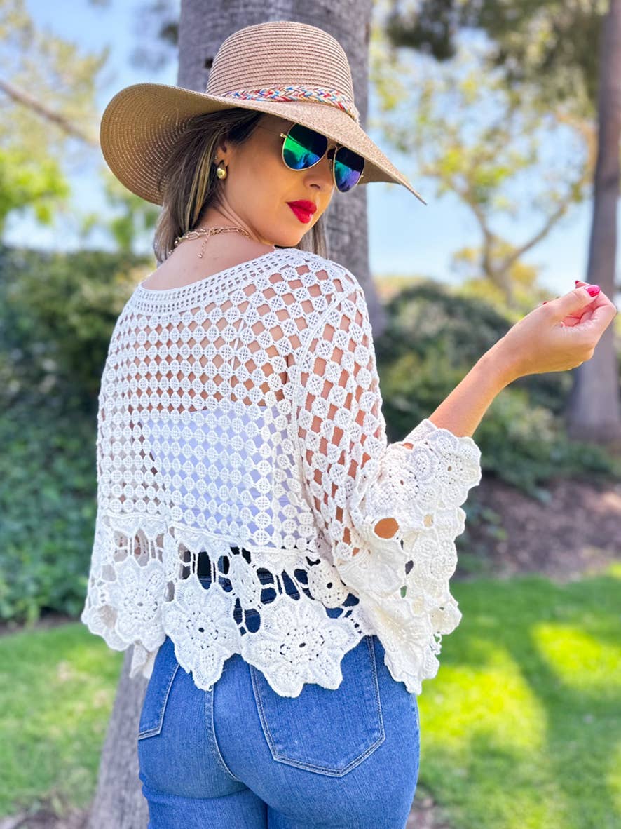 Boho Floral Crochet Bell Sleeve Top with Tassel Lace-Up: Ivory / One Size