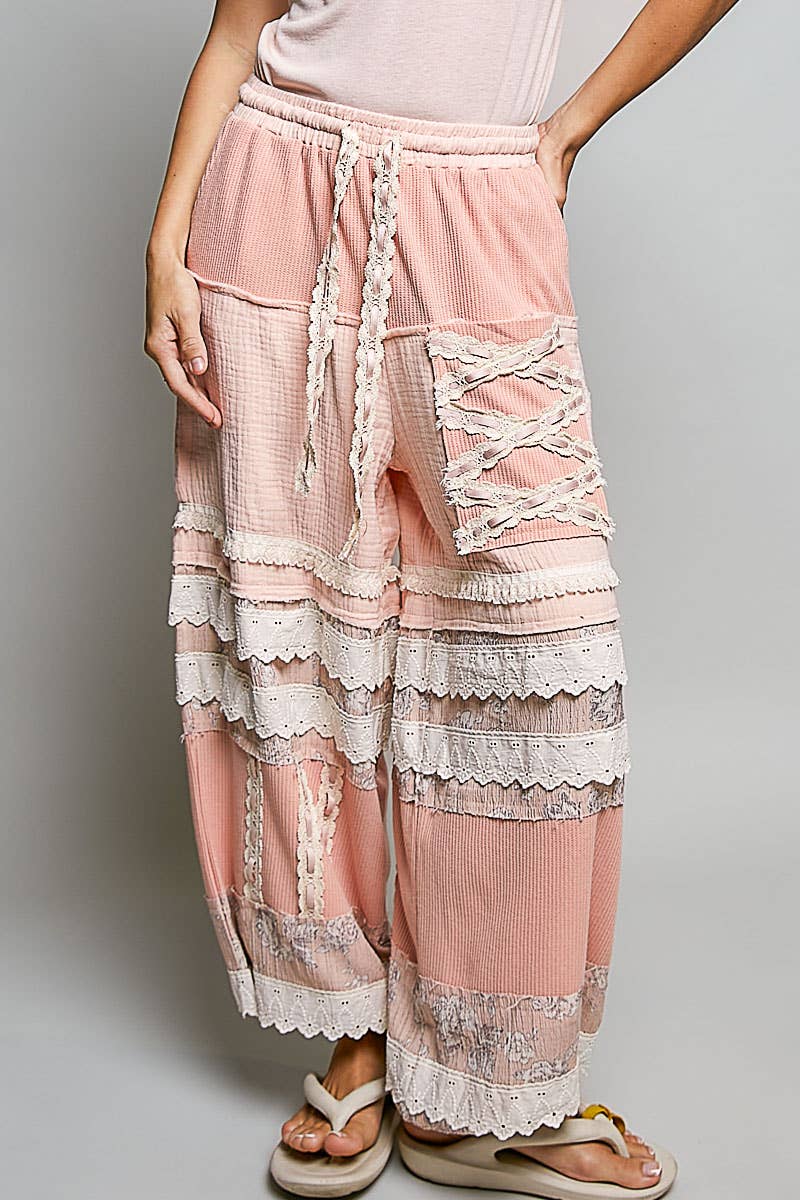 Double Gauze Trim Floral Patch Waistband Jogger Pants: Pink