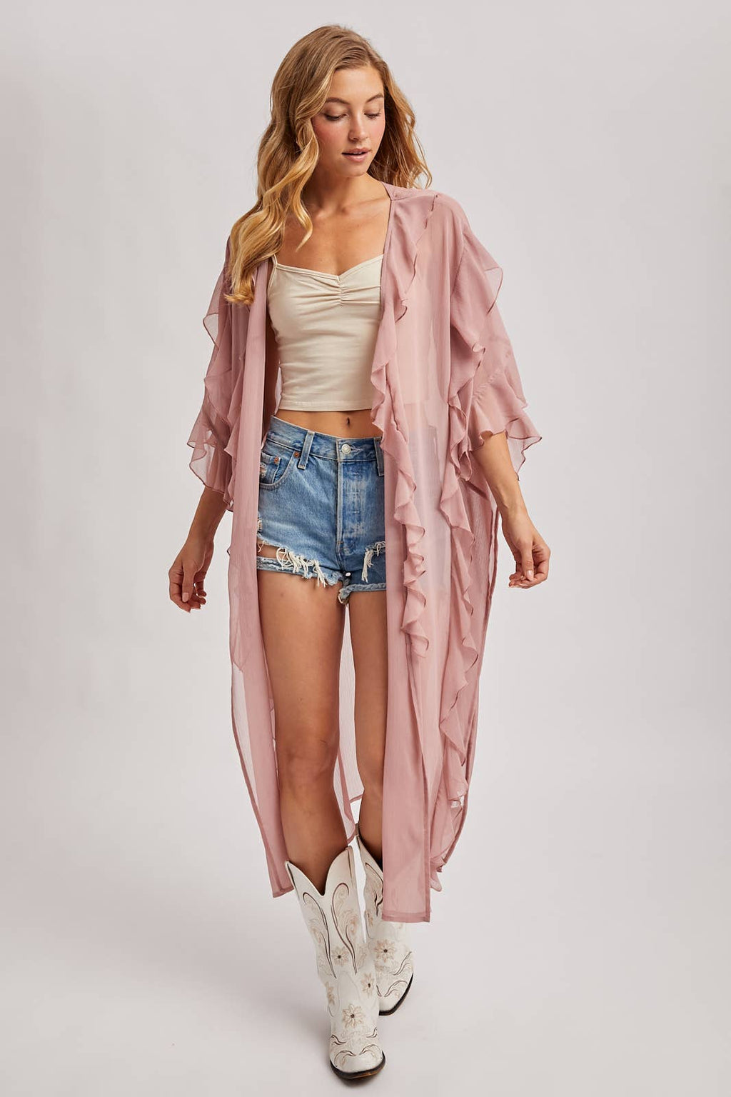 SHEER RUFFLED OPEN FRONT KIMONO COVER-UP DRESS - EASTER DAY: DUSTY PINK / One Size