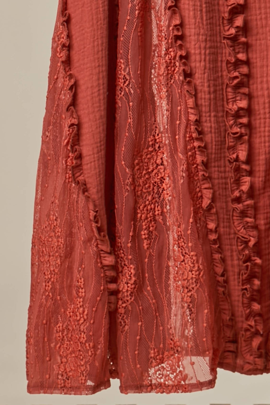 RUFFLED BOHO MAXI DRESS: Rust / L