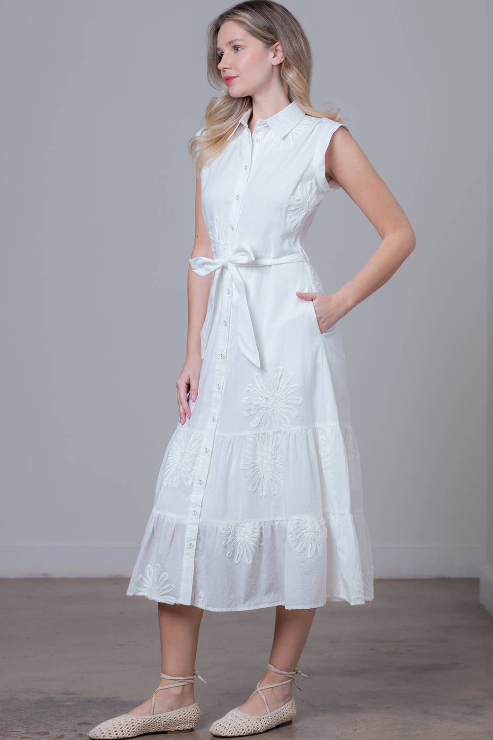 HD30551T-APPLIQUE TIERED SKIRT MIDI DRESS : Pink / Contemporary / L