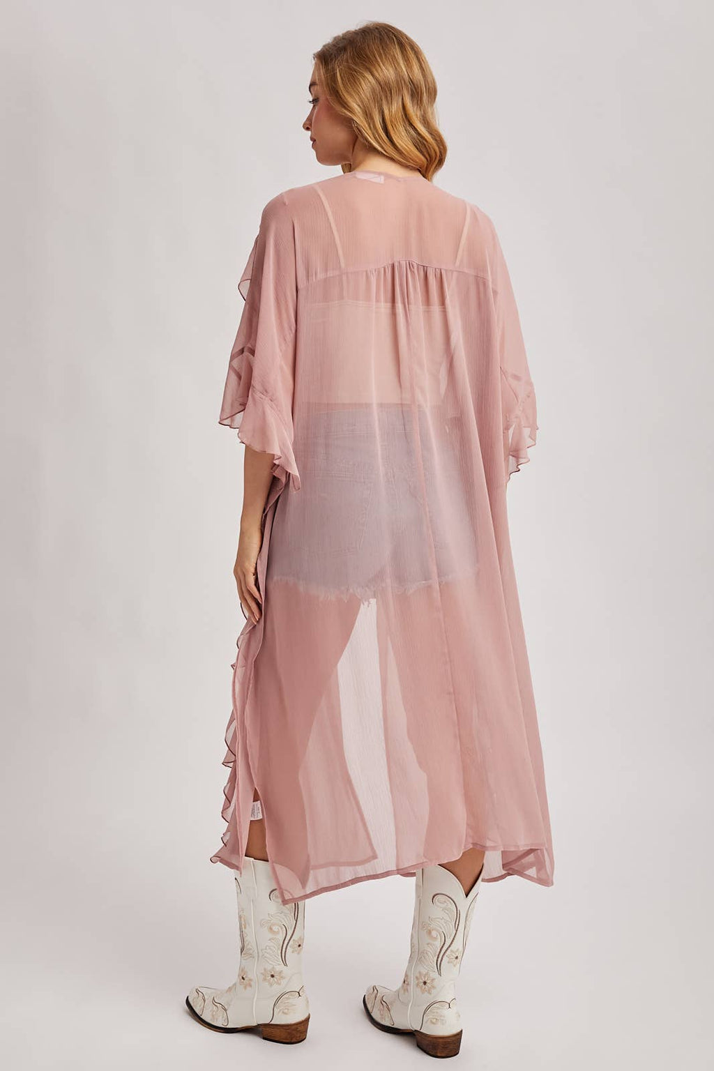 SHEER RUFFLED OPEN FRONT KIMONO COVER-UP DRESS - EASTER DAY: DUSTY PINK / One Size