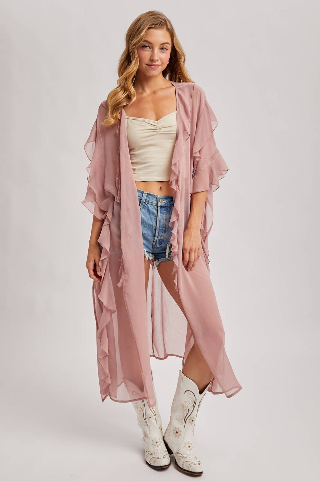 SHEER RUFFLED OPEN FRONT KIMONO COVER-UP DRESS - EASTER DAY: DUSTY PINK / One Size