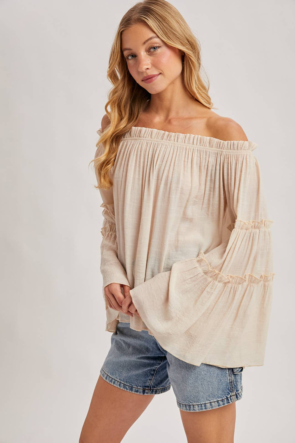 TEXTURED BELL SLEEVE OFF THE SHOULDER TOP: ROSE / M
