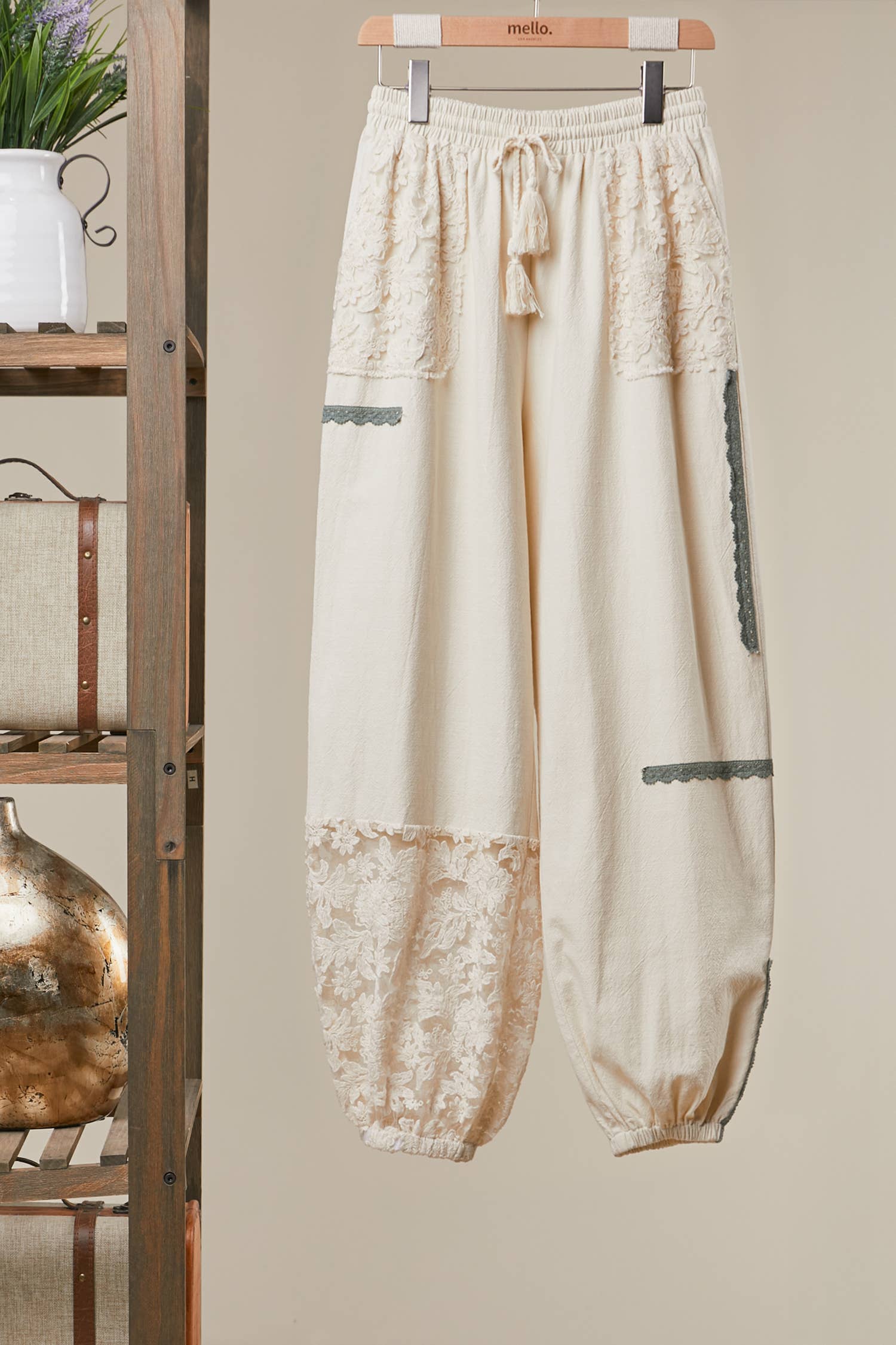 Lace Accents Patchwork Crochet Jogger Pants: SAGE