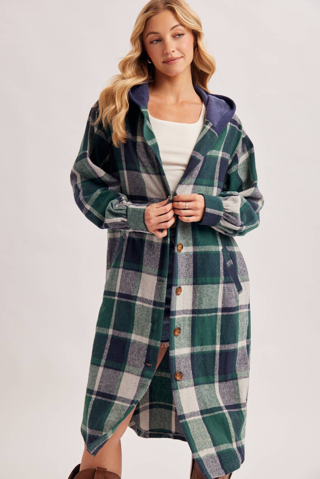 LONGLINE PLAID HOODED JACKET