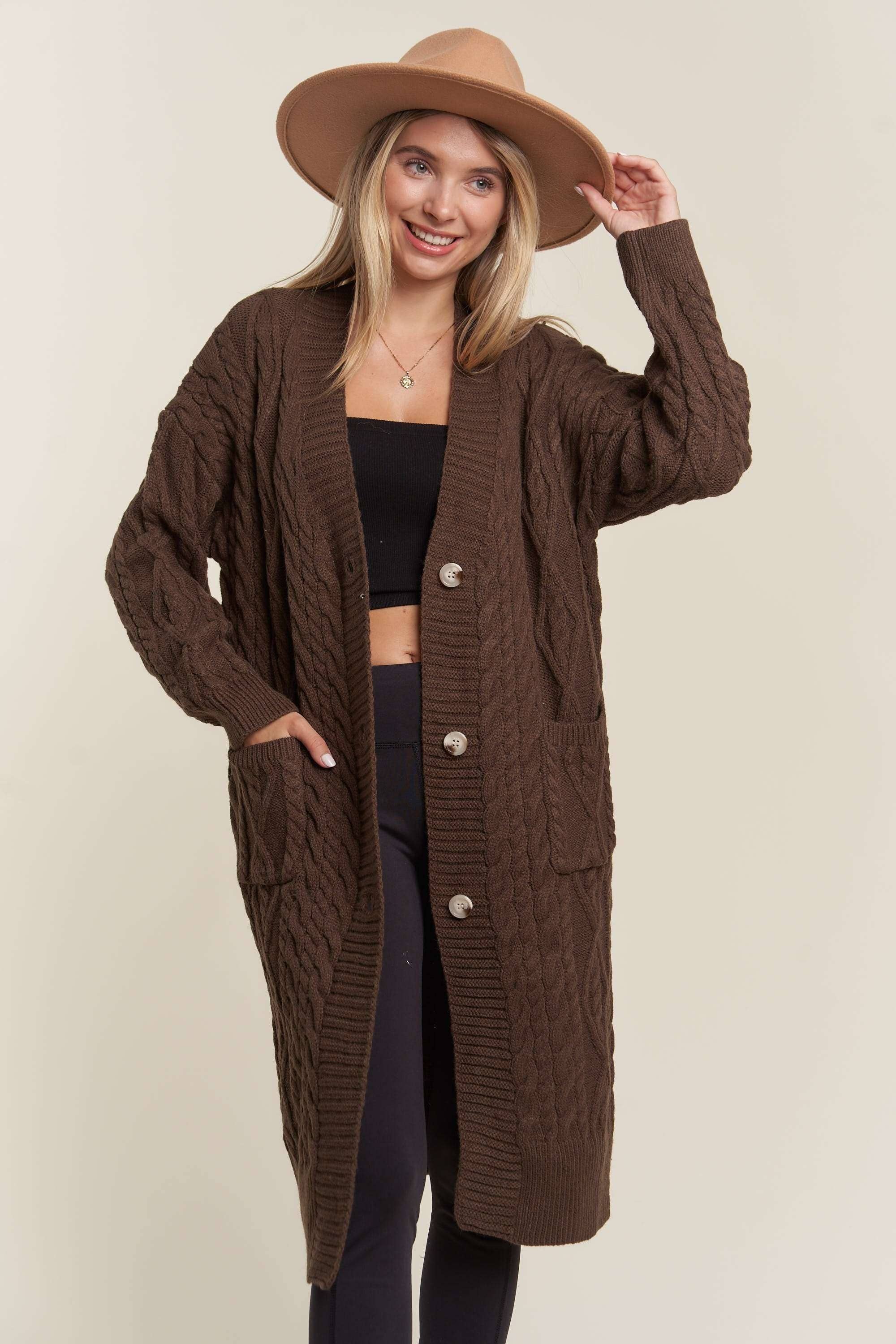LESW3450A - CABLE KNIT LONG SWEATER CARDIGAN: BEIGE / S/M-M/L(3-3)
