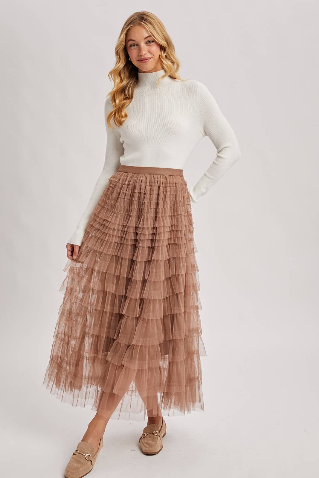 RUFFLED TULLE MIDI SKIRT: MAUVE / M