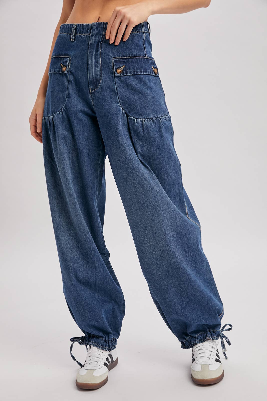 DENIM ANKLE DRAWSTRING BALLOON JEANS: DK.WASH / S