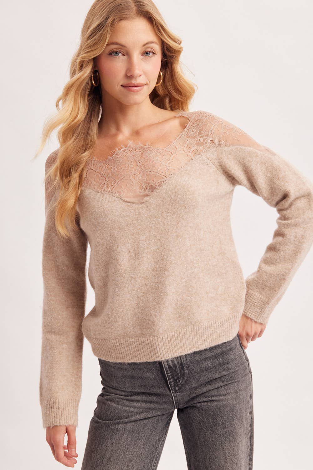 EYELASH LACE TRIMMED KNIT PULLOVER