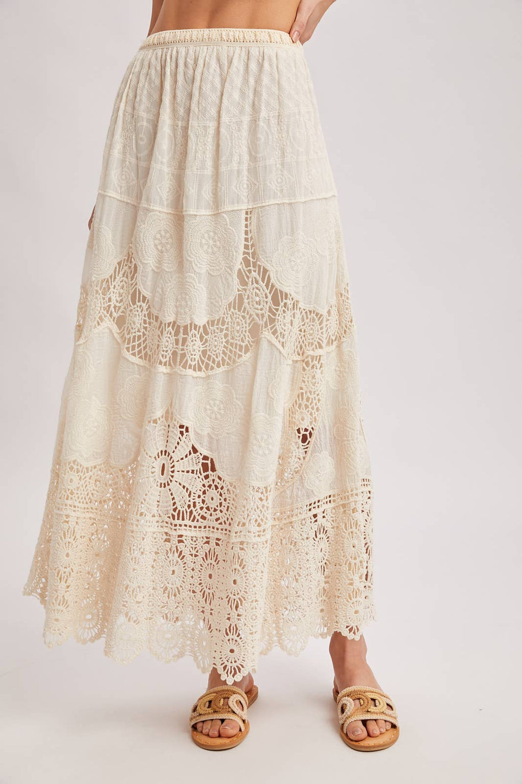 BOHO SHEER LACE MAXI SKIRT WITH LINING: NATURAL / L