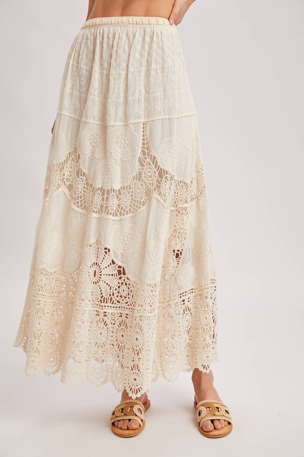 BOHO SHEER LACE MAXI SKIRT WITH LINING: NATURAL / L