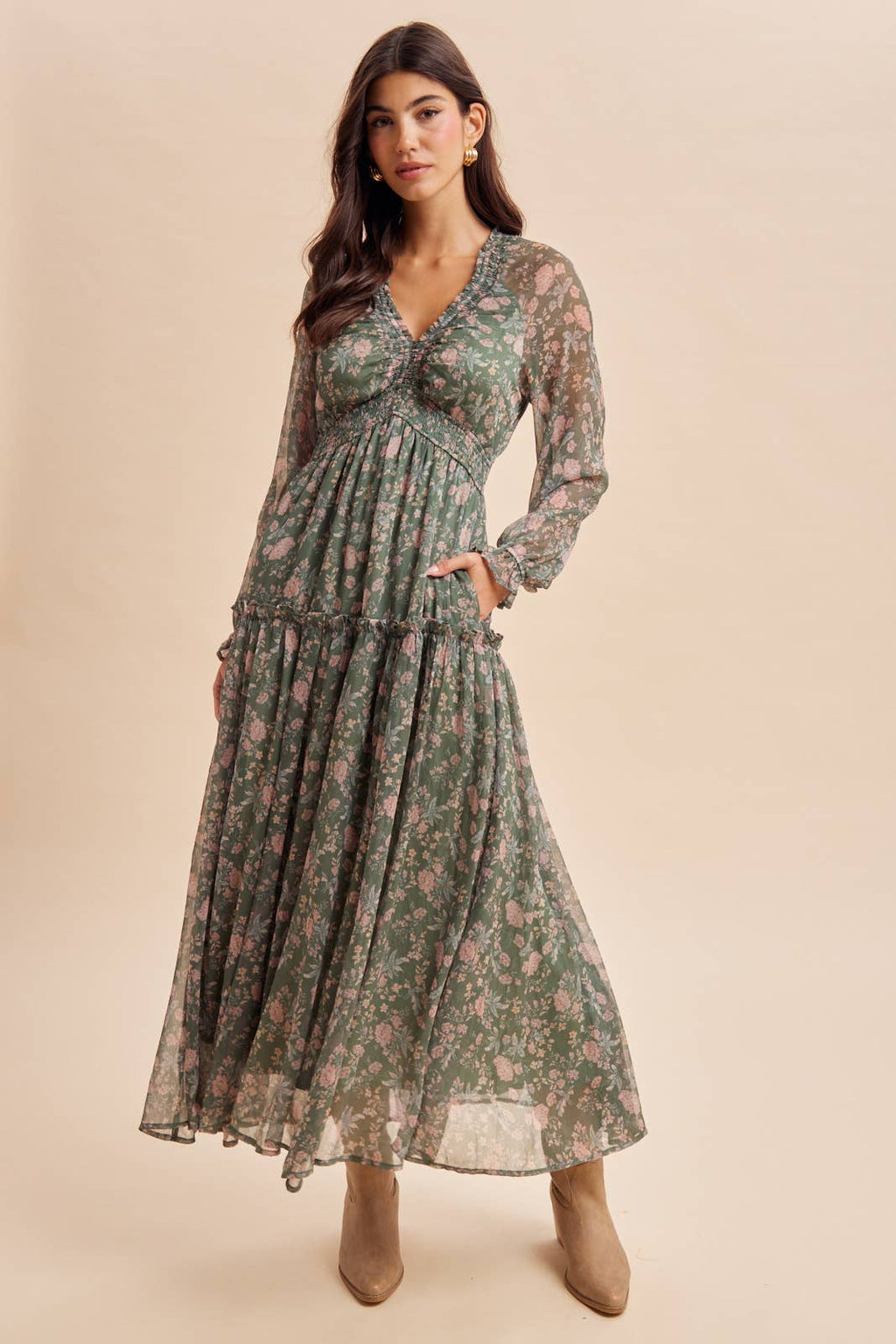 SMOCKED FLORAL MAXI DRESS