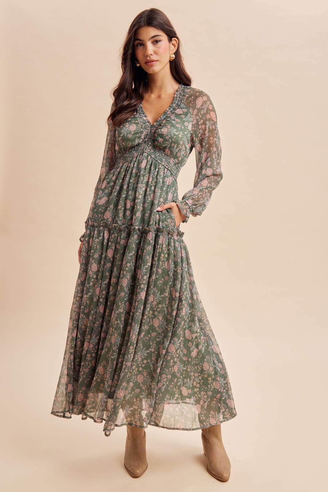 SMOCKED FLORAL MAXI DRESS
