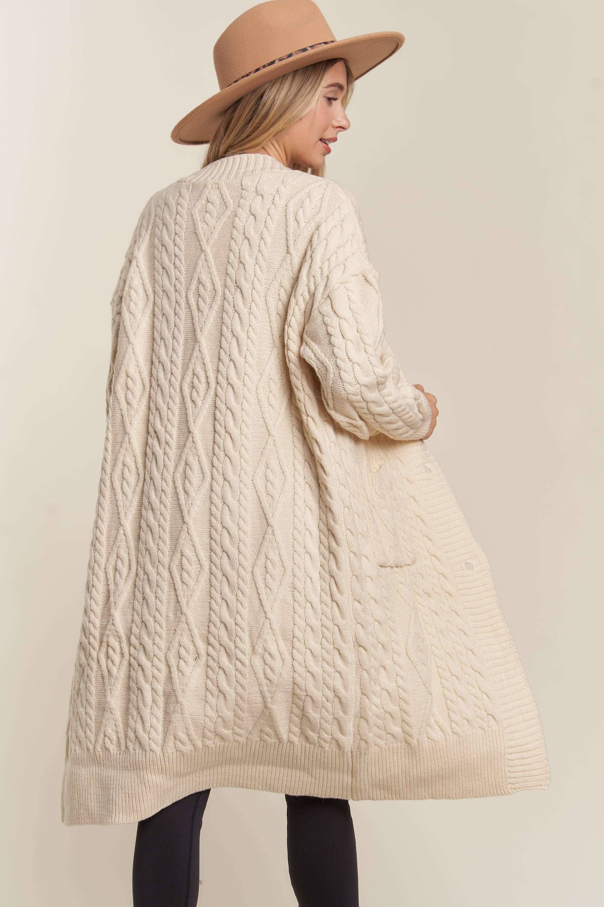 LESW3450A - CABLE KNIT LONG SWEATER CARDIGAN: BEIGE / S/M-M/L(3-3)