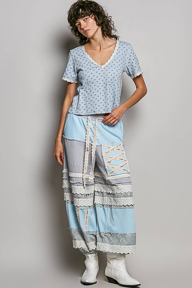 Double Gauze Trim Floral Patch Waistband Jogger Pants: Pink
