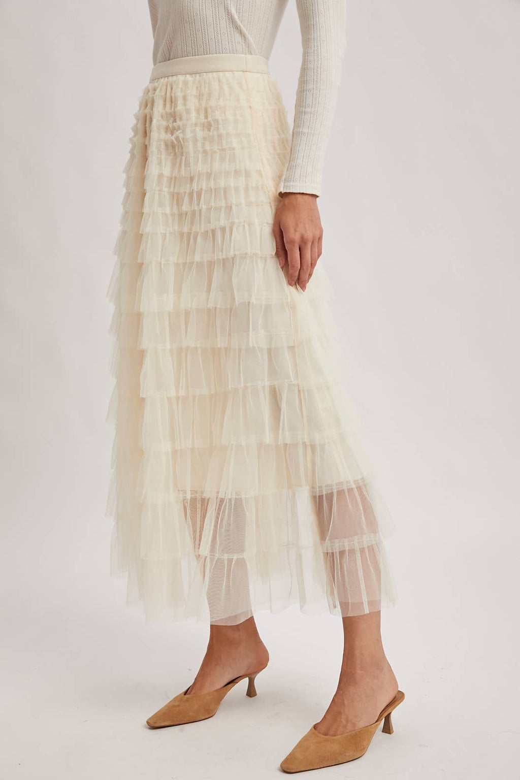 RUFFLED TULLE MIDI SKIRT: MAUVE / M