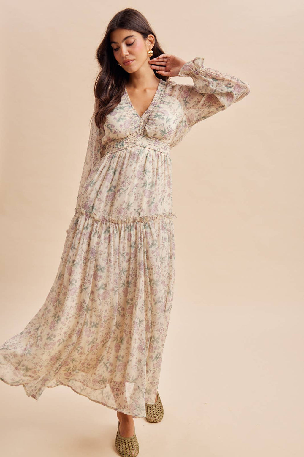 SMOCKED FLORAL MAXI DRESS