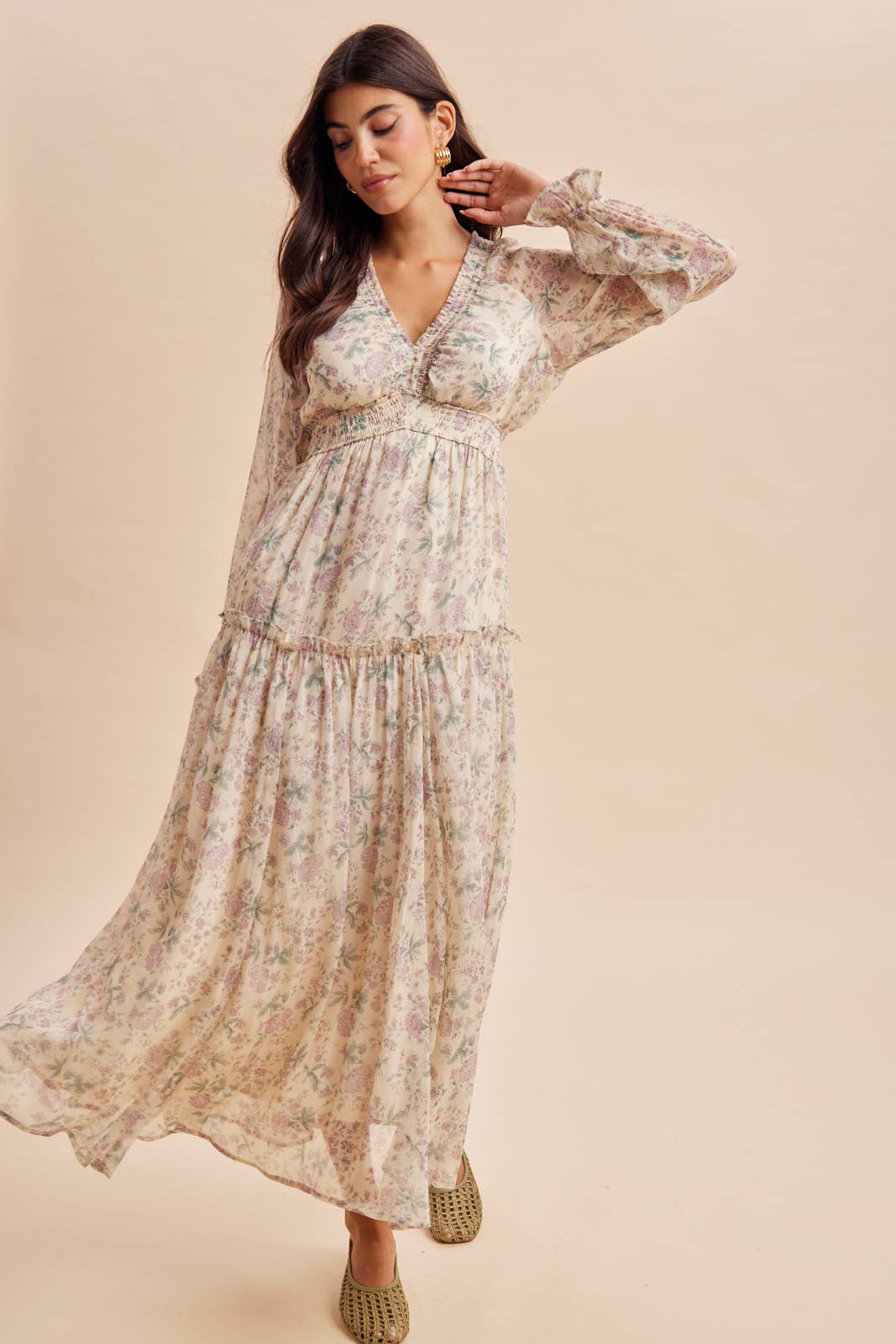 SMOCKED FLORAL MAXI DRESS