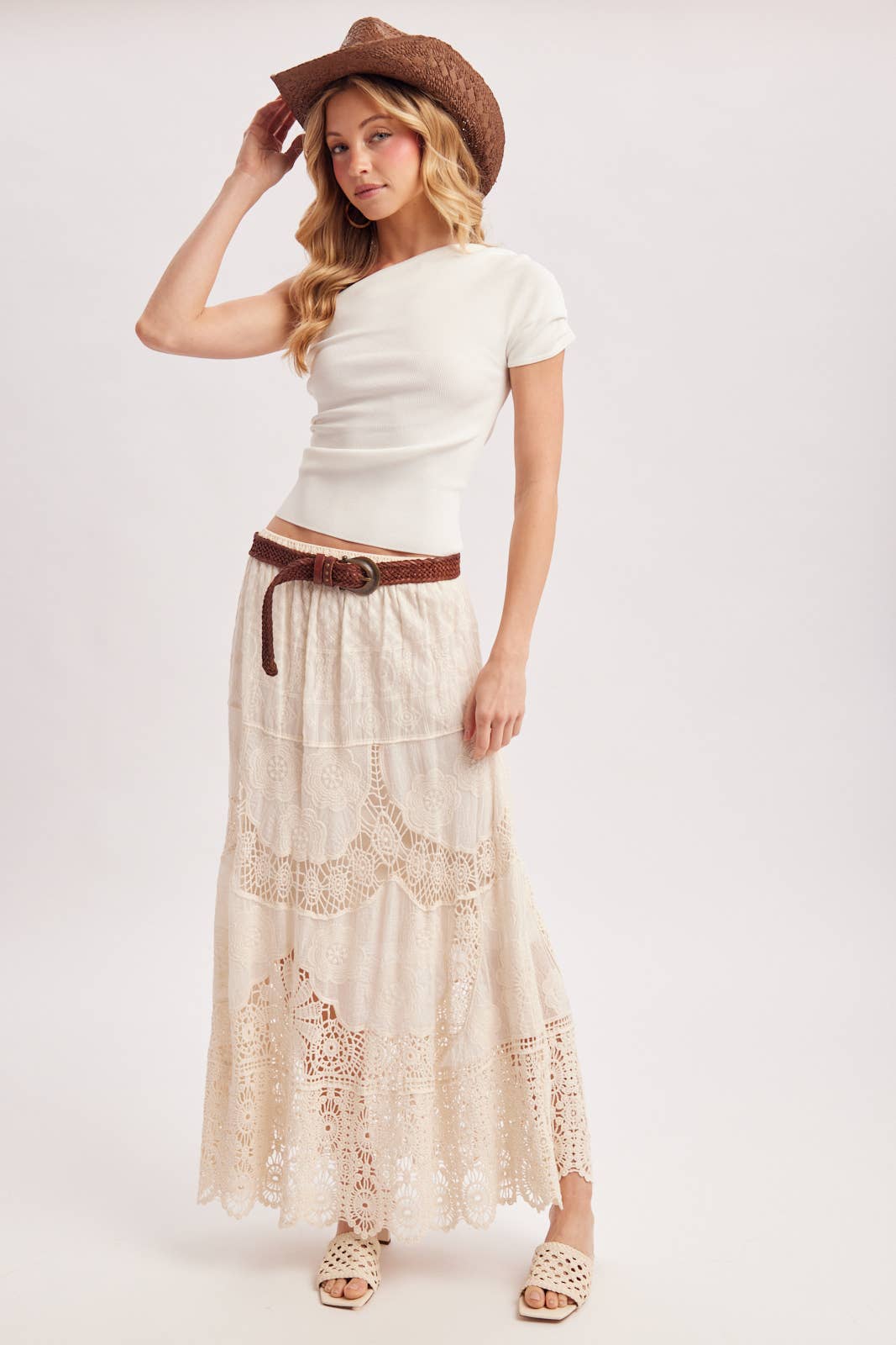 BOHO SHEER LACE MAXI SKIRT WITH LINING: NATURAL / L
