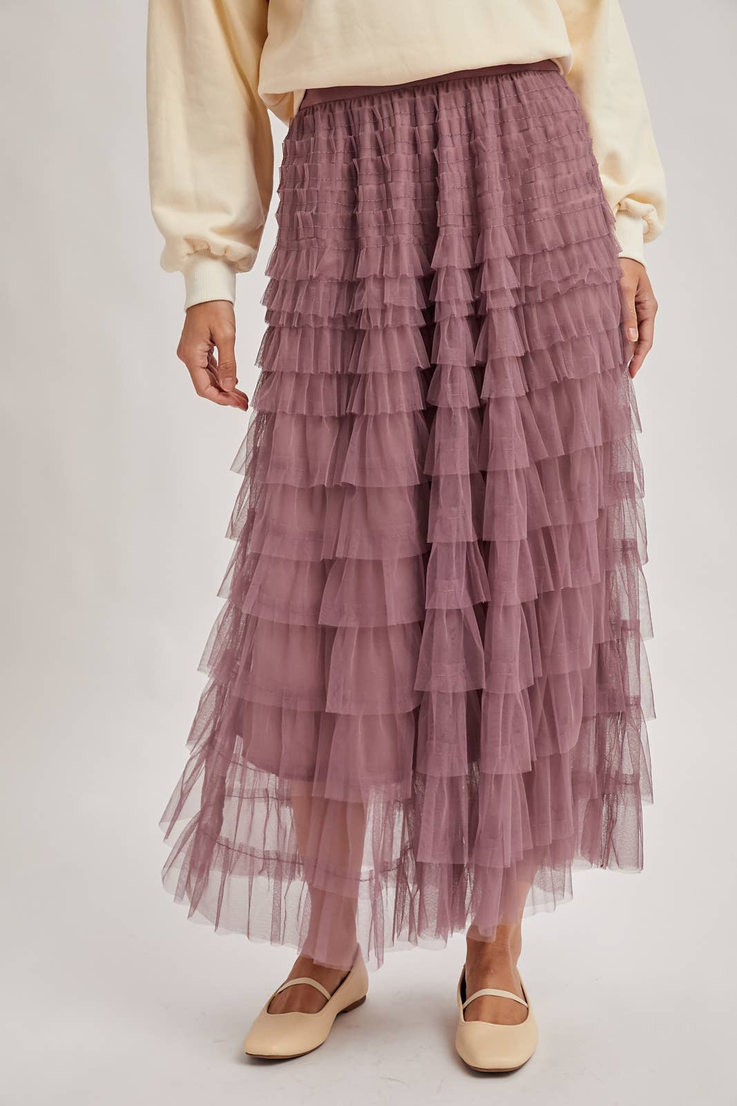 RUFFLED TULLE MIDI SKIRT: MAUVE / M
