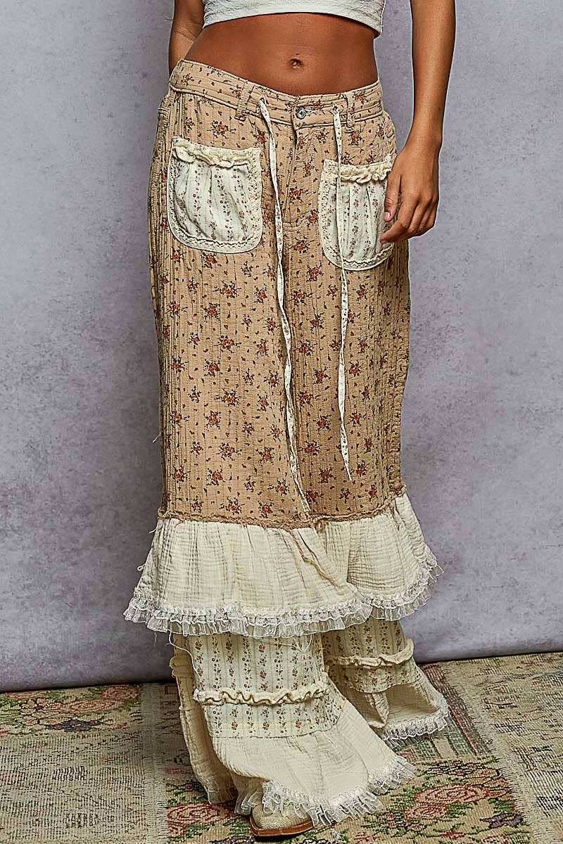 Double Gauze Floral Front Patch Pockets Ruffle Wide Pants: MOCHA MULTI