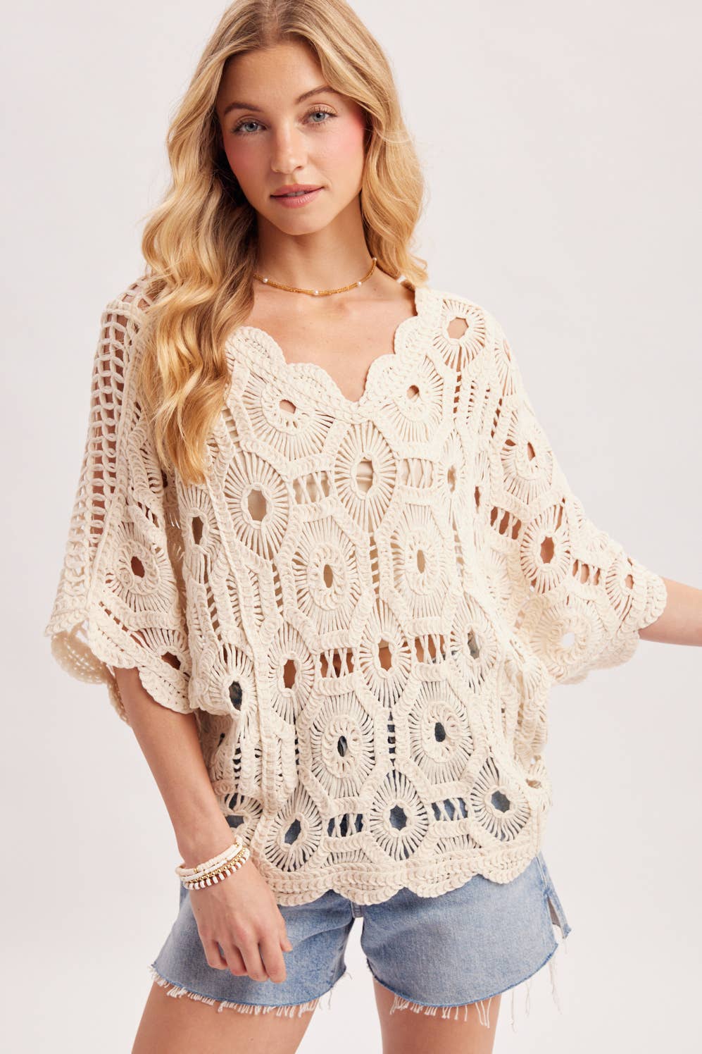V-NECK OPEN-WORK CROCHET TOP: NATURAL / S/M