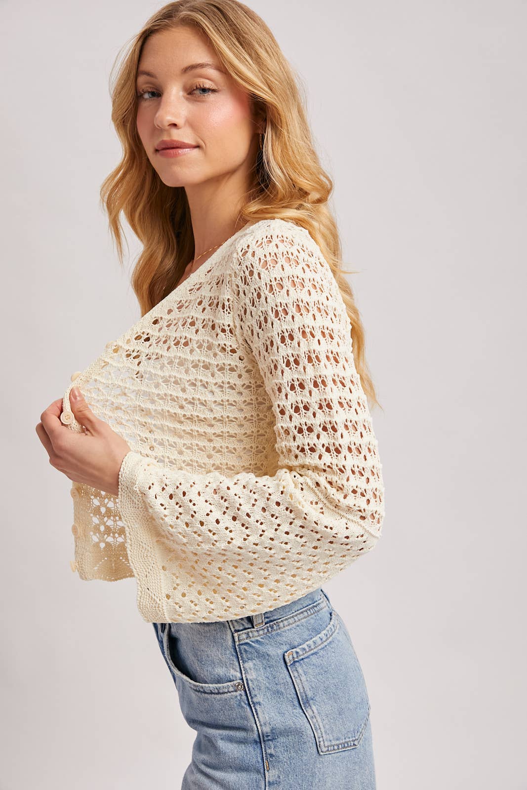 BUTTON DOWN OPEN-KNIT CROCHET CARDIGAN: MOCHA / S