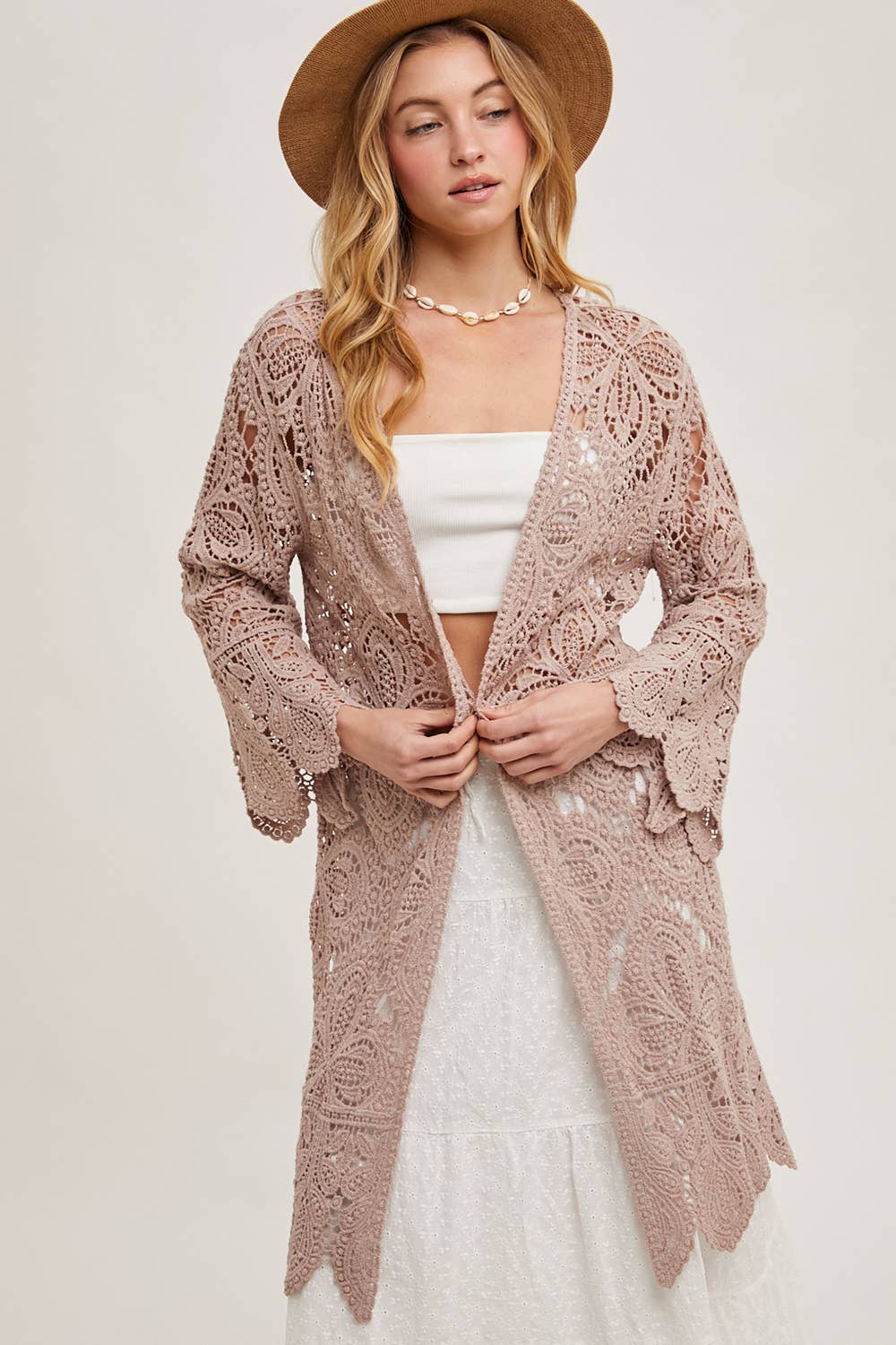 CROCHET OPEN FRONT BELL SLEEVED CARDIGAN: LATTE / S/M