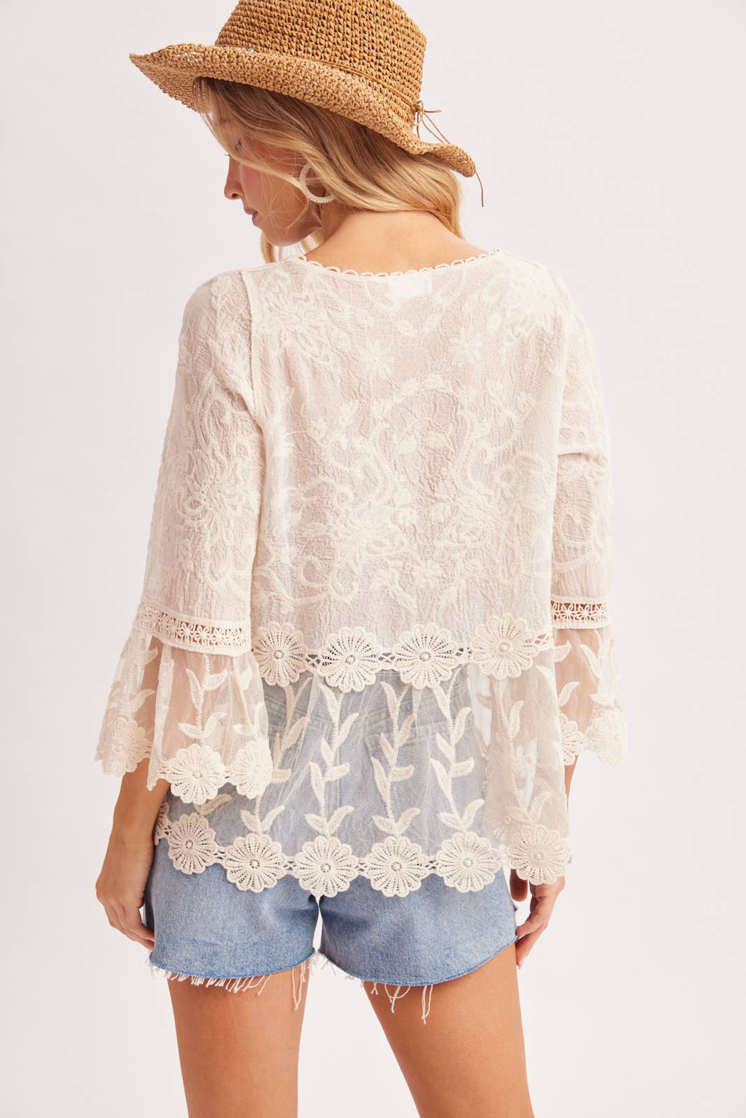 BOHO BELL SLEEVED PEPLUM CROCHET TOP: NATURAL
